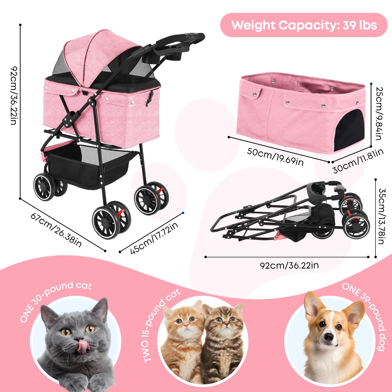 Portable Pet Stroller for Small Dogs & Cats – Foldable Travel Carrier