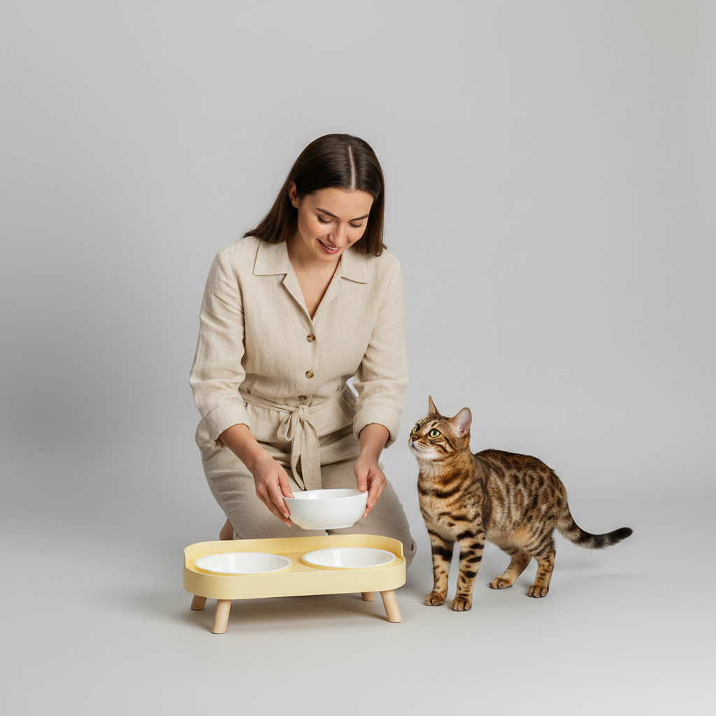 Elevated Dual-Bowl Pet Feeding Station | Ceramic & Stainless Steel