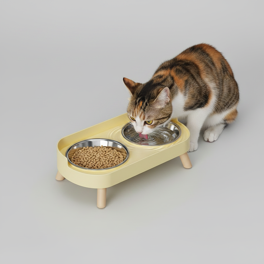 Elevated Dual-Bowl Pet Feeding Station | Ceramic & Stainless Steel