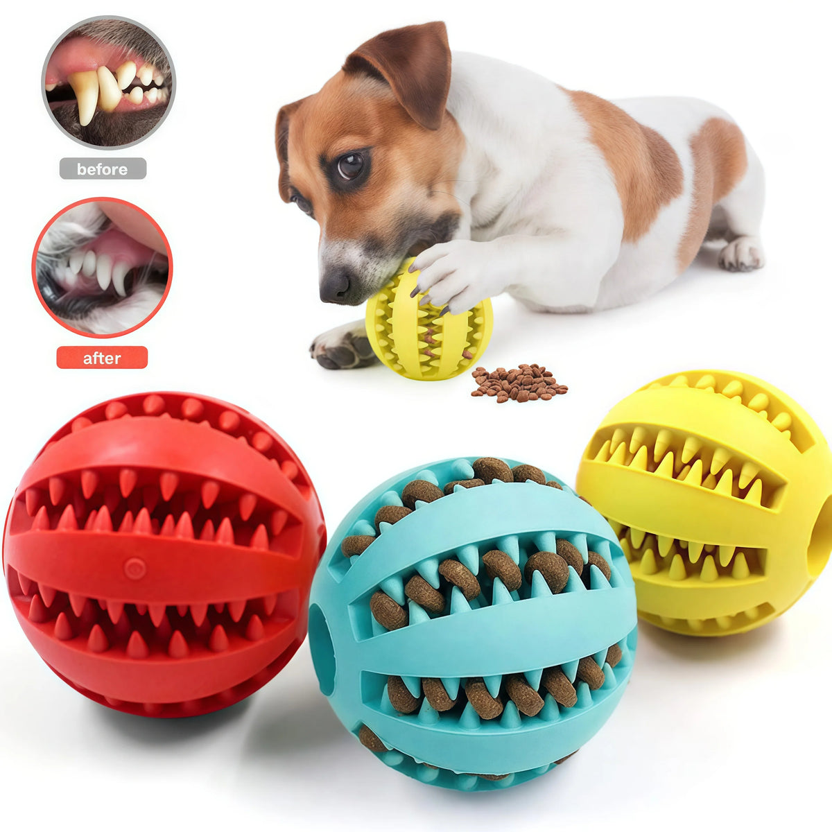 Interactive Rubber Dog Ball Toy – Treat Feeder & Teeth Cleaner