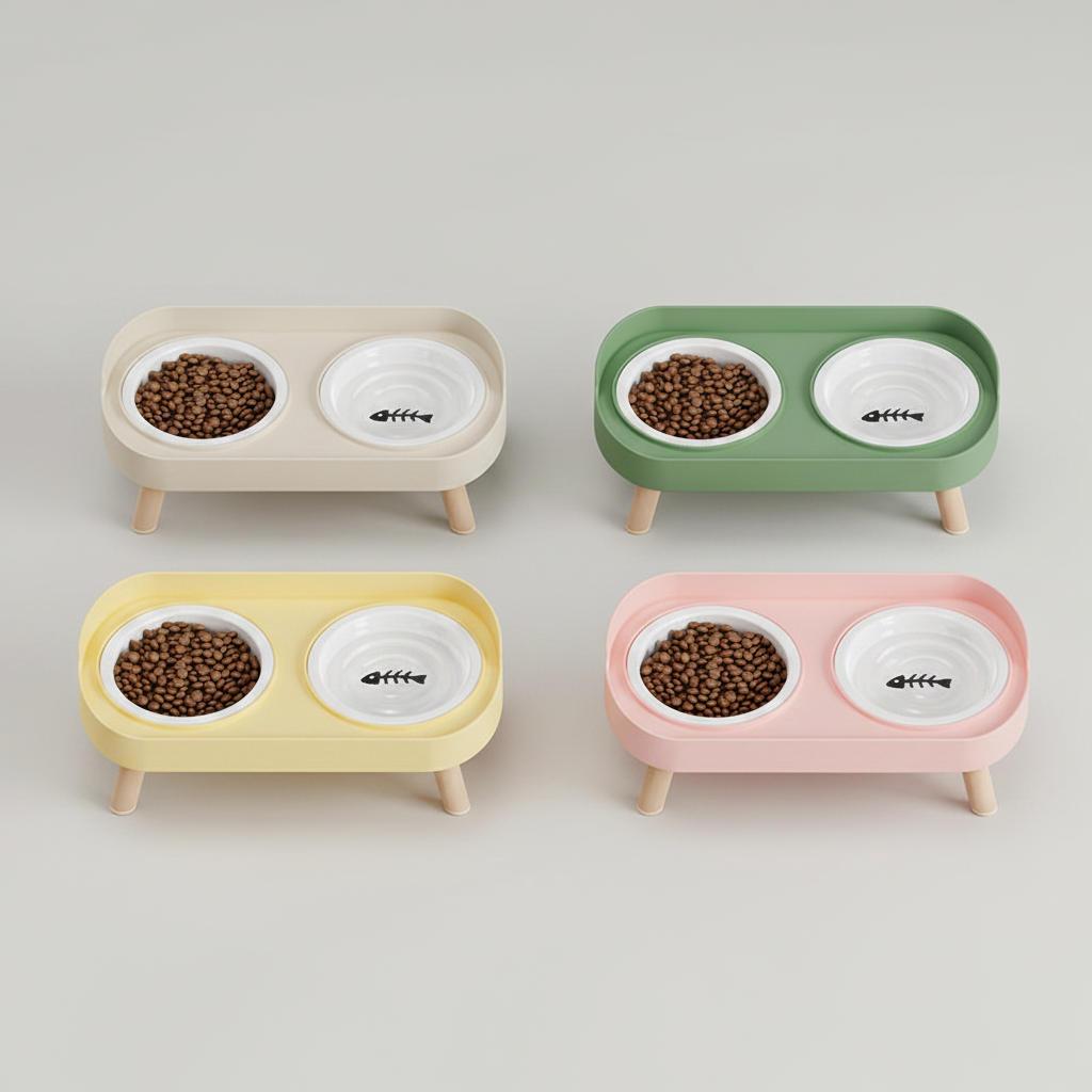 Elevated Dual-Bowl Pet Feeding Station | Ceramic & Stainless Steel