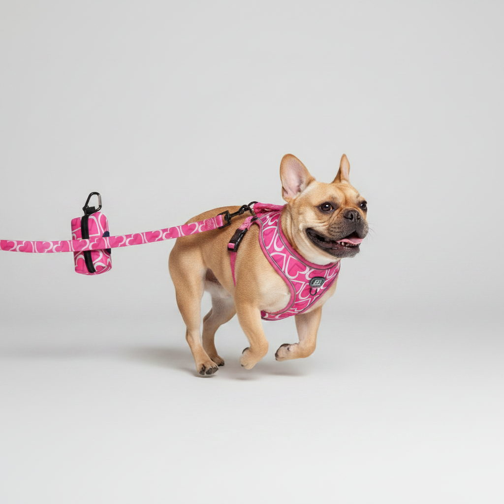 Pink Heart Print Dog Harness & Leash Set with Waste Bag Dispenser
