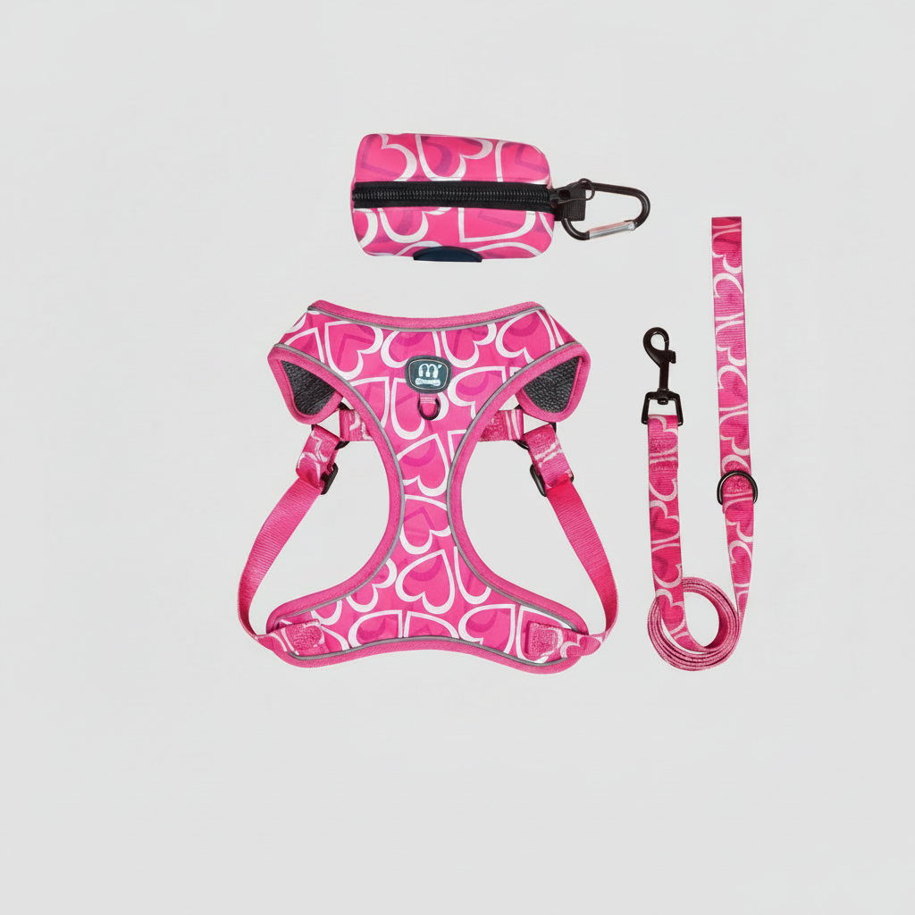 Pink Heart Print Dog Harness & Leash Set with Waste Bag Dispenser