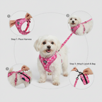 Pink Heart Print Dog Harness & Leash Set with Waste Bag Dispenser