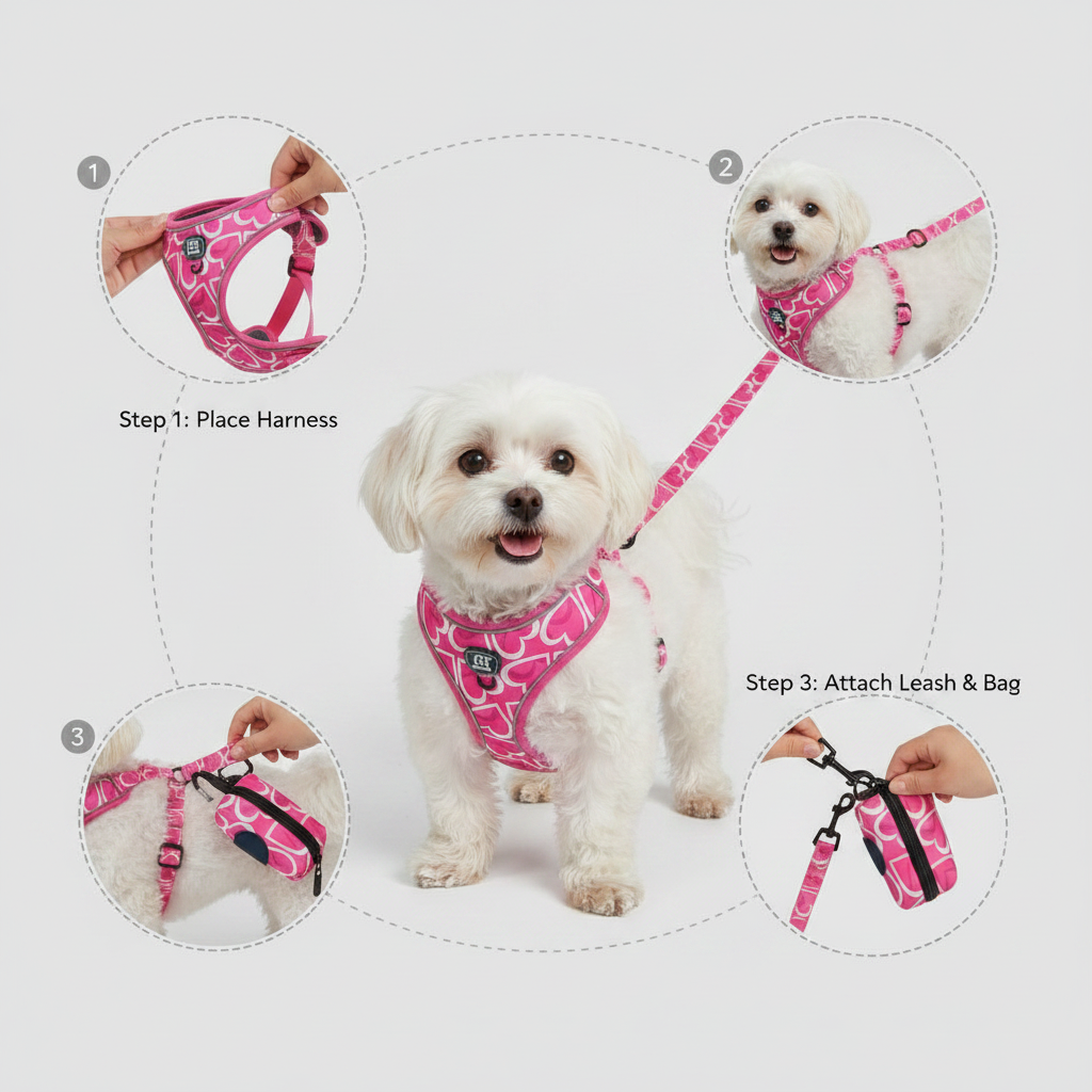 Pink Heart Print Dog Harness & Leash Set with Waste Bag Dispenser