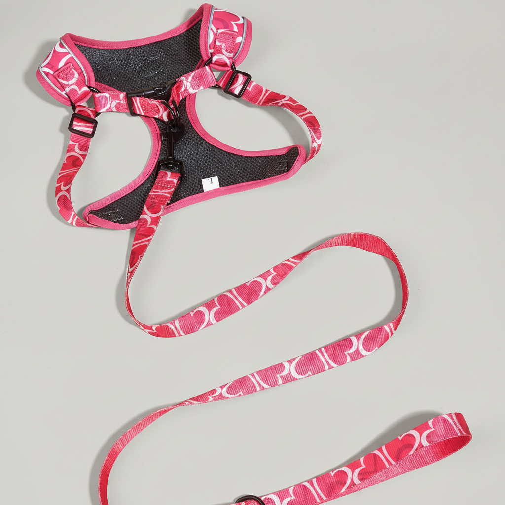 Pink Heart Print Dog Harness & Leash Set with Waste Bag Dispenser