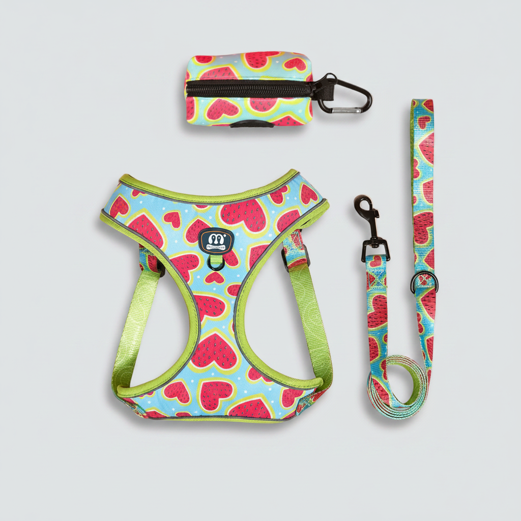 Pink Heart Print Dog Harness & Leash Set with Waste Bag Dispenser
