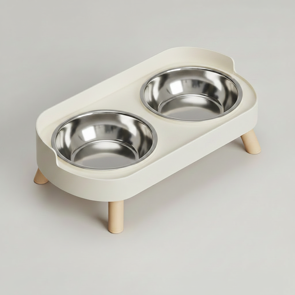 Elevated Dual-Bowl Pet Feeding Station | Ceramic & Stainless Steel