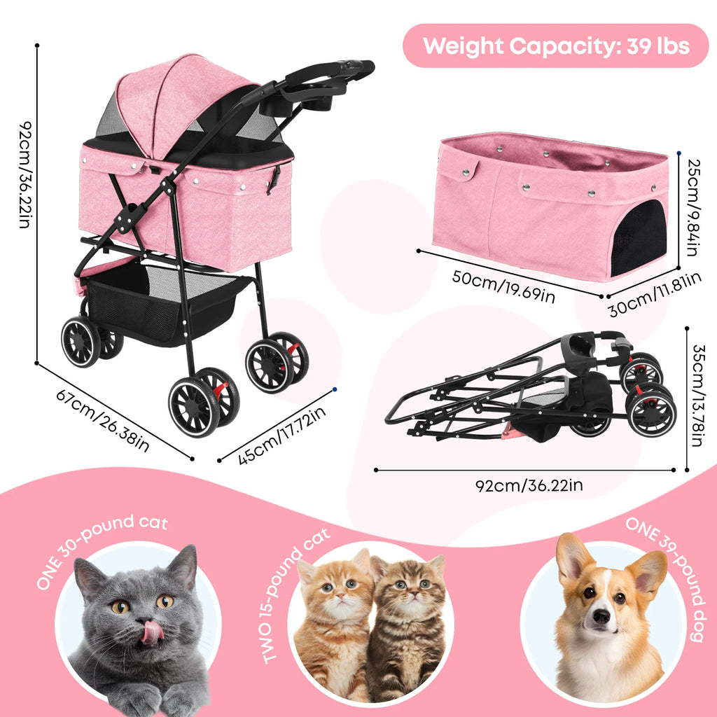 Portable Pet Stroller for Small Dogs & Cats – Foldable Travel Carrier