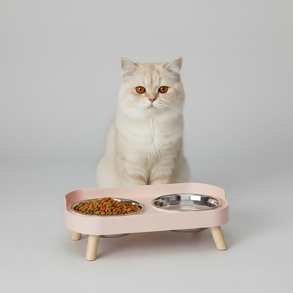Elevated Dual-Bowl Pet Feeding Station | Ceramic & Stainless Steel