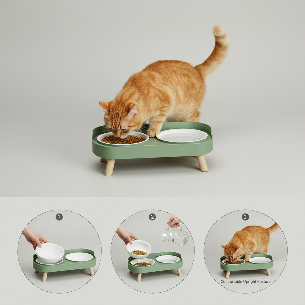 Elevated Dual-Bowl Pet Feeding Station | Ceramic & Stainless Steel