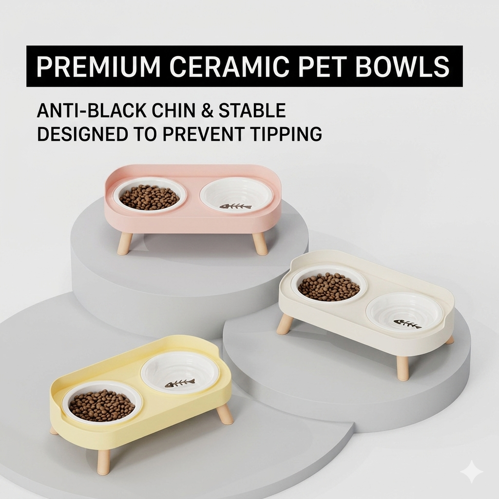 Elevated Dual-Bowl Pet Feeding Station | Ceramic & Stainless Steel